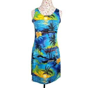 Vintage 90's Jamaica Montego Bay Dress Hawaiian Style Palm Mini Sleeveless Large